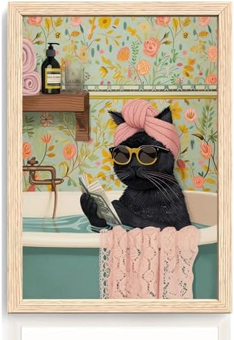 ICHZUMW Framed Funny Black Cat in Bathtub Canvas Bathroom Wall Art 16x24 In by Unknown