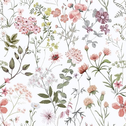 EeeComing Pink Floral Wildflowers Wallpaper Peel and Stick Removable Pink by EeeComing