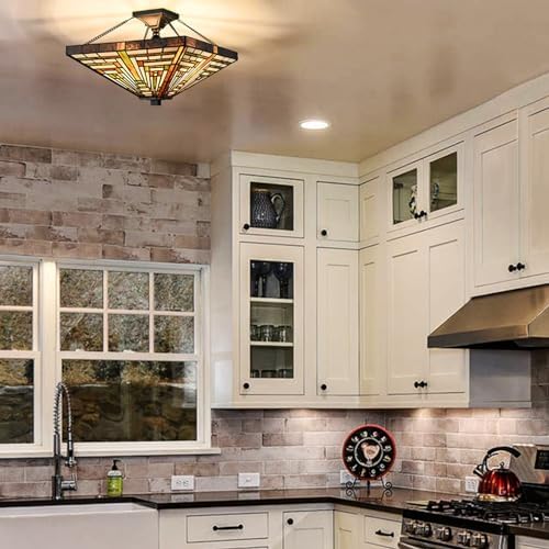 SAMTEEN 3-Light Tiffany Semi Flush Mount Light Stained Glass Light Fixtures - Image 2