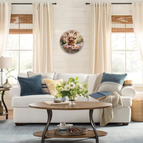 12" Silent Wall Clock, Round Wall Clock, Flower Basket Puppy - Image 4