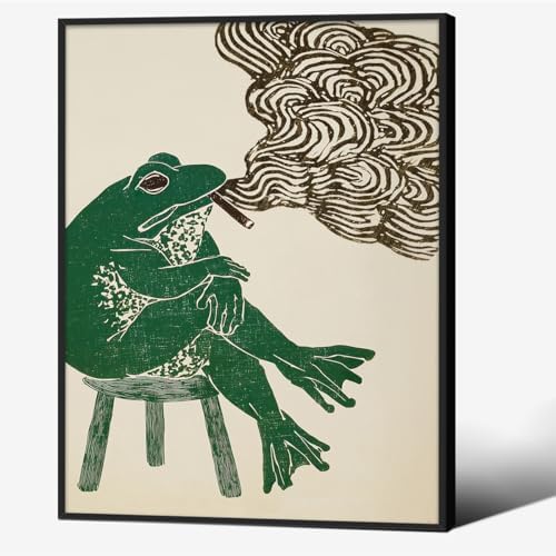 Black Framed Japanese Wall Art Funny Frog Smoking a Cigarette Poster Retro by Unknown