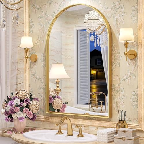 Brightify Gold Arched Mirror, 24 x 32 Inch Arch Wall Mirror, Brass Metal Frame by Brightify
