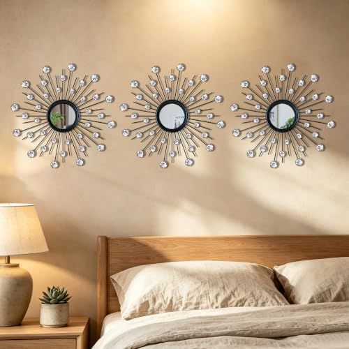 Uaussi 3 Pack Crystal Sunburst Wall Mirror Décor Rhinestone Mirrors Decorative - Image 5
