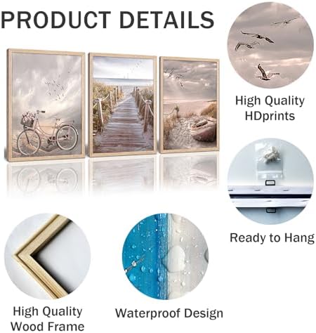 Beach Canvas Wall Art Neutral Coastal Canvas Pictures Vintage Bicycle Wooden - Image 4