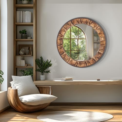 30 Inch Dark Brown Solid Wood Round Wall Mirror - Image 2