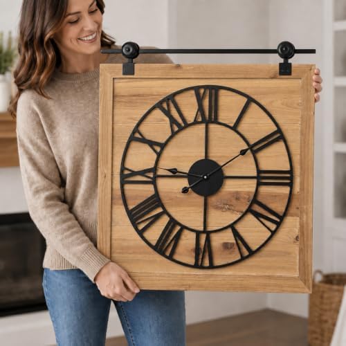 Wood Barn Door Clock 30 Inch, Farmhouse Rustic Wall Clock - Image 2