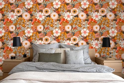 HAOKHOME Orange Floral Peel and Stick Wallpaper Boho Vintage 17.3in x32.8ft - Image 2