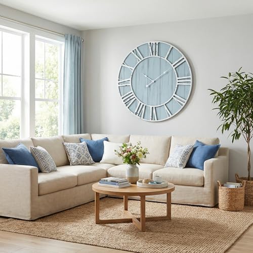 EMAX HOME Large Farmhouse Wall Clock 30 Inch Vintage Blue Wooden Wall Clock - Image 4