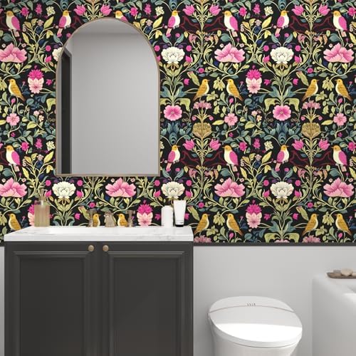 BOKEBEVE Floral Wallpaper Peel and Stick Vintage Black Pink 17.5 x 118In - Image 4