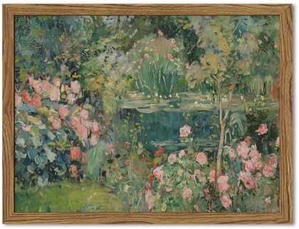 Framed Vintage Floral Landscape Canvas Wall Art, Rose Garden Pond Wall Decor by Unknown