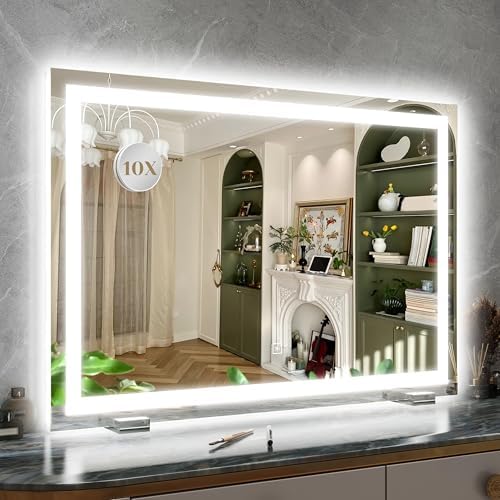 ROLOVE 32x22 Lighted Vanity Mirror, Wall-Mounted, Detachable 10X Magnifier by ROLOVE