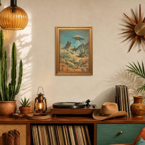 Vintage Gold Framed Western Wall Art, Retro Cowboy UFO Abduction Pictures Wall - Image 6