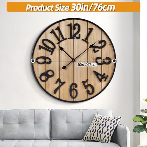 Large Wall Clock 30IN, Silent Metal Wood Style Wall Clocks Battery Operated - Image 3
