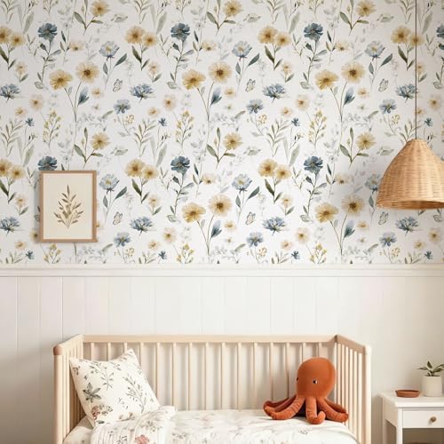 Ismoon Floral Peel and Stick Wallpaper Boho Wallpaper 17.3in x 32.8ft Blue and - Image 2