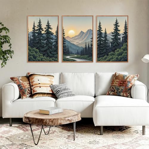HLNIUC Boho Mountain Sun Forest Framed Canvas Wall Art, Large Nature Sunrise - Image 4