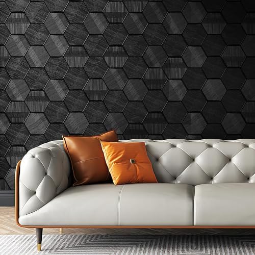 Black Textured 3D Embossed Hexagon Geometric Wallpaper 17.3in x 39.4ft - Image 4
