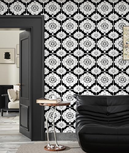 BOKEBEVE Boho Floral Peel and Stick Wallpaper Black White 17.5 x 393.5In - Image 2