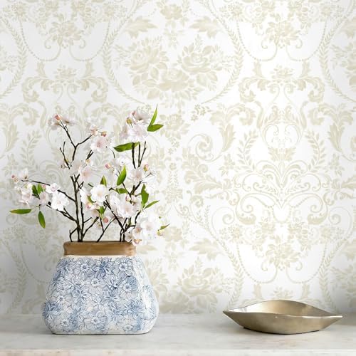 Peel and Stick Wallpaper for Bedroom Beige and White Damask Waterproof by Fiula
