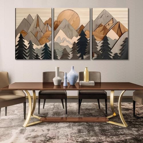 Set of 3 Mountain canvas Wall Art Large Forest Wall Decor pictures Woodcut - Image 3