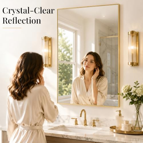 36"x24" Brushed Gold Framed Rectangle Bathroom Vanity Wall Mirror - Image 3