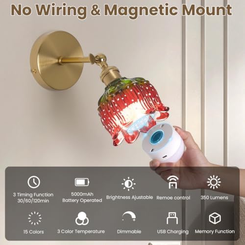 Vintage Battery Operated Wall Sconce:Set of 2 Rechargeable Strawberry Light - Image 5