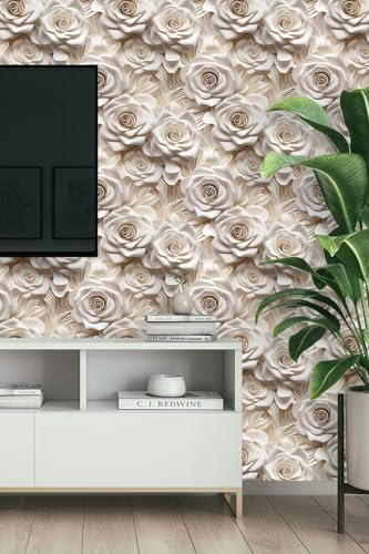 Peel and Stick Wallpaper Beige Rose Floral Feature - Image 2