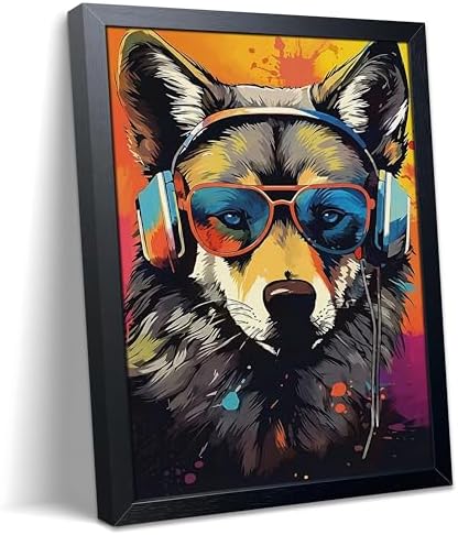 Cool Wolf Wall Art Framed Canvas Print, Wolf Wearing Sunglasses and Headphones by Unknown