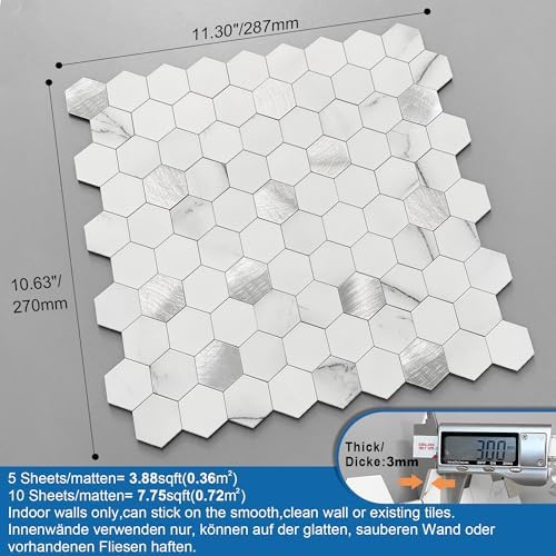 Peel and Stick Backsplash Hexagon Marble Tiles White Silver 5pcs - Image 4
