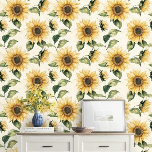 Yasinet Sunflower Peel and Stick Wallpaper Boho Floral Wallpaper by Yasinet