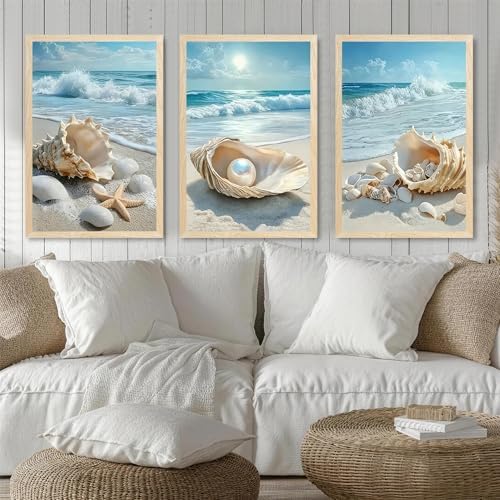 SYWENNOI Triptych Coastal Shell Pearl Framed Canvas Wall Art 20x30 inch x3 - Image 2