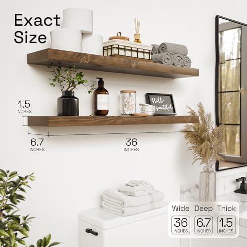 Solid Wood Floating Shelves for Wall 36 Inches Long, Walnut Wooden Shelf - Image 3