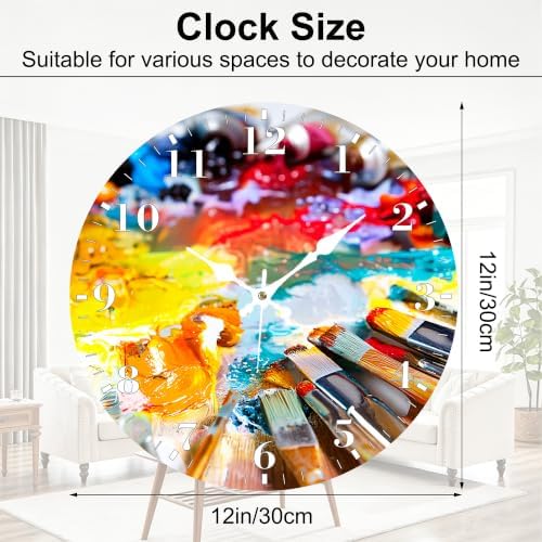 12" Silent Wall Clock, Round Wall Clock, Art Brushes and Oil Paint - Image 2