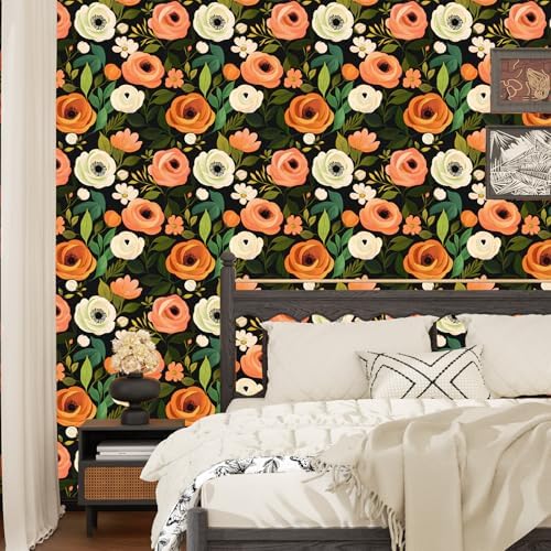 Danodoi Orange Green Vintage Floral Peel and Stick Wallpaper 17.5" x 118" - Image 6