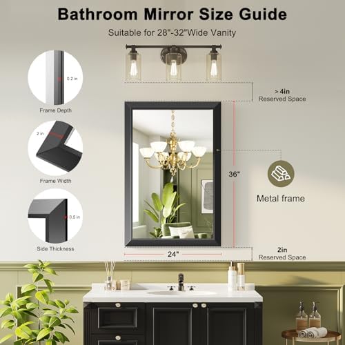 Black Bathroom Mirror for Over Sink, 24x36Inch Thick Anti-Rust Metal Frame - Image 3