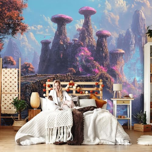 Colorful Wall Mural Wallpaper Mushroom Like Structures Bridge Fantasy Style - Image 3