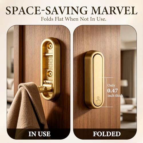 Folding Wall Hooks, 2 Pack Gold Heavy Duty Coat Hooks, Screw Mounted - Image 4