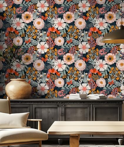HAOKHOME Navy Floral Peel and Stick Wallpaper Boho Mural 17.3in x 32.8ft - Image 4
