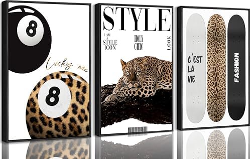 3Pcs Black Framed Trendy Leopard Wall Art Preppy Aesthetic Stylish Leopard by Khioea