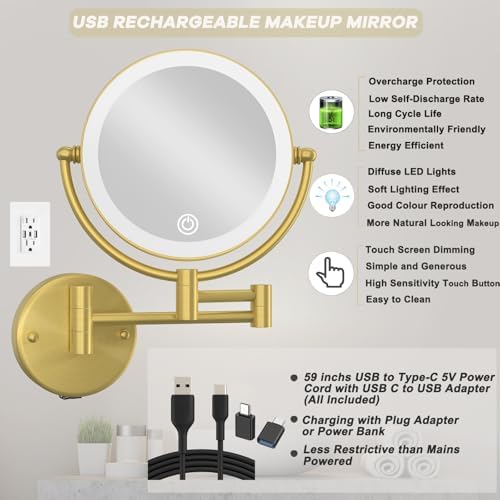 8" Lighted Magnifying Makeup Mirror Wall Mounted, Brushed Moderne Brass - Image 2