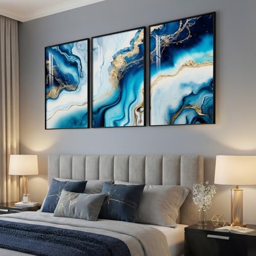 Large Framed Blue and Gold Abstract Wall Art - Image 4