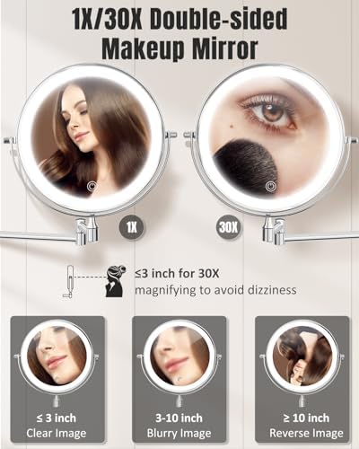 VFD 8'' 30X/1X Wall Mounted Lighted Magnifying Makeup Mirror - Image 2