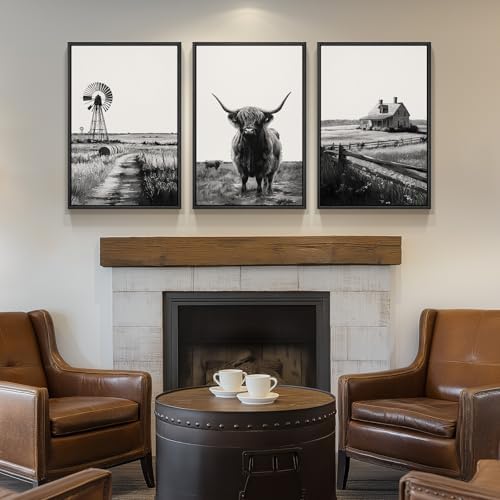Framed Black and White Western Highland Cow Wall Art, 3 Pieces 20x30 In - Image 2
