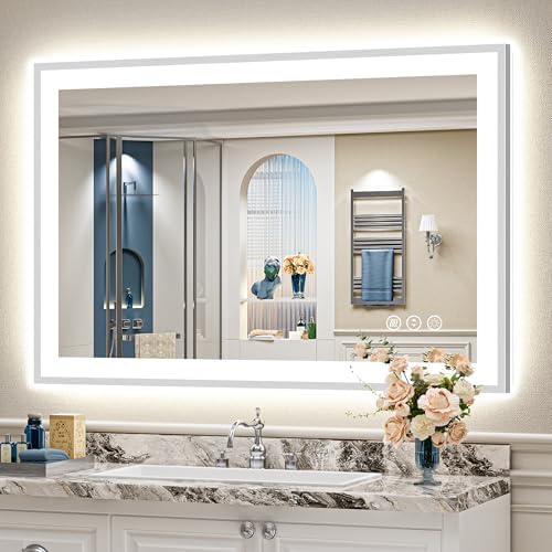 48x32 Inch Brushed Nickel LED Bathroom Mirror, Backlit & Front Lit by Awandee