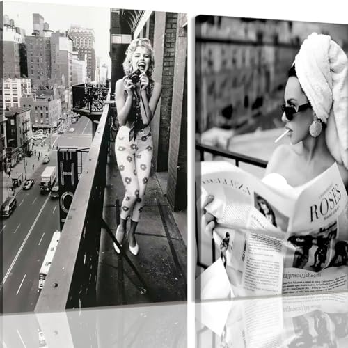 2pcs Framed Black and White Wall Art Women Reading Newspaper Poster, Funny by Unknown