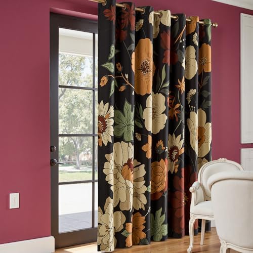 jinchan Black Boho Floral Blackout Curtains W100xL96 Grommet 1 Panel - Image 2