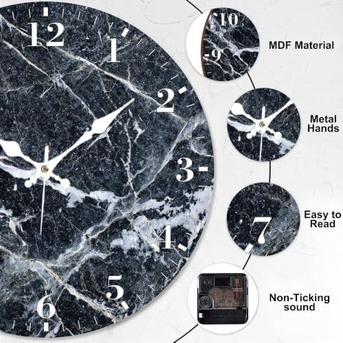 12" Silent Wall Clock, Round Wall Clock, Dark Vein Marble - Image 3