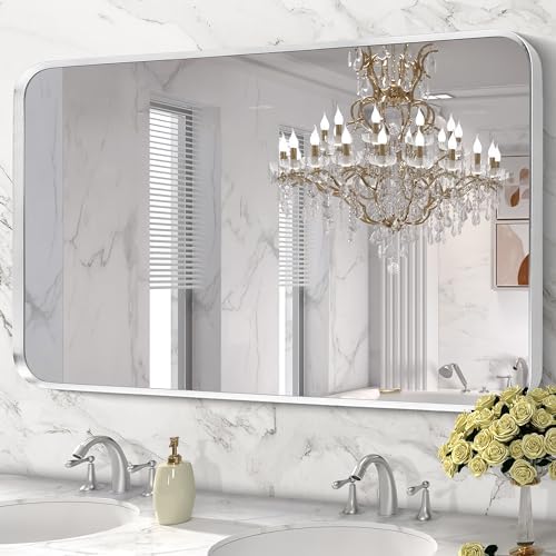 Silver Bathroom Mirror 30x55in, Metal Framed Rounded Rectangle - Image 4