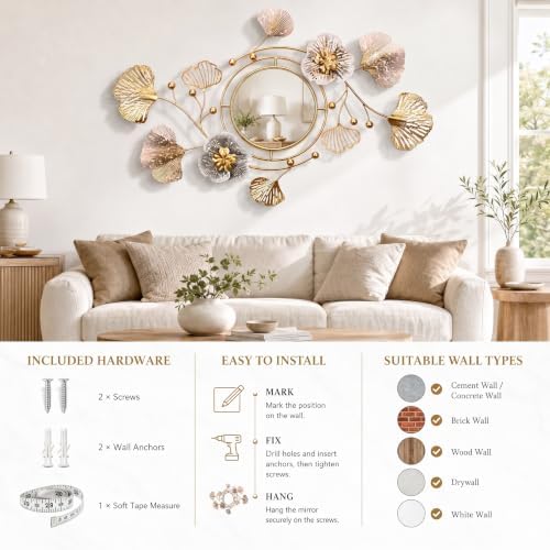 59" Large 3D Ginkgo Floral Metal Wall Decor Mirror - Image 5
