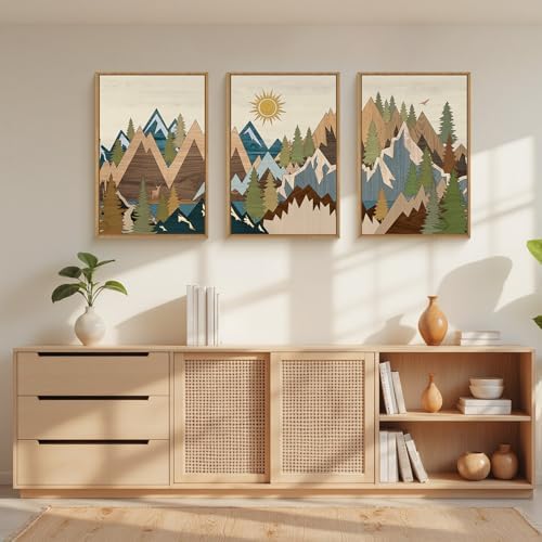 FWIEXA Large Mountain Framed Wall Art Set of 3, Sunrise Pine Tree Wall Decor by FWIEXA
