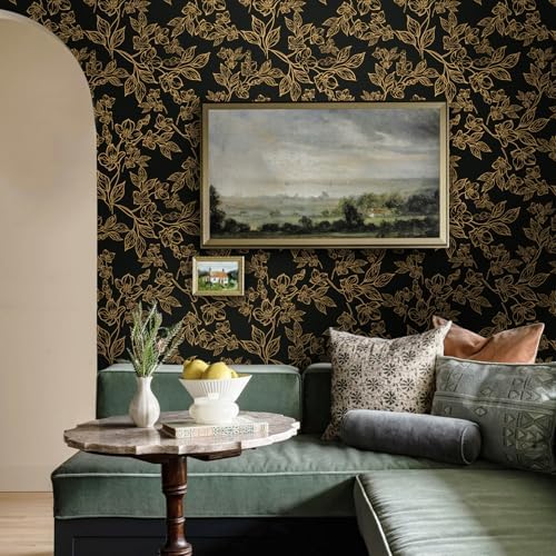 Ismoon Dark Floral Peel Stick Wallpaper Black Gold Wallpaper 17.3x78.7in - Image 4
